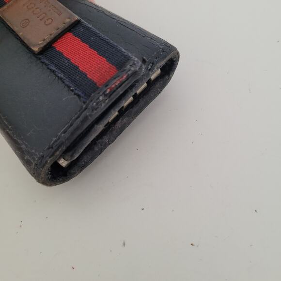 Gucci Logo Key Holder Wallet Case Leather Small Unisex Black Trifold Striped - Picture 10 of 12
